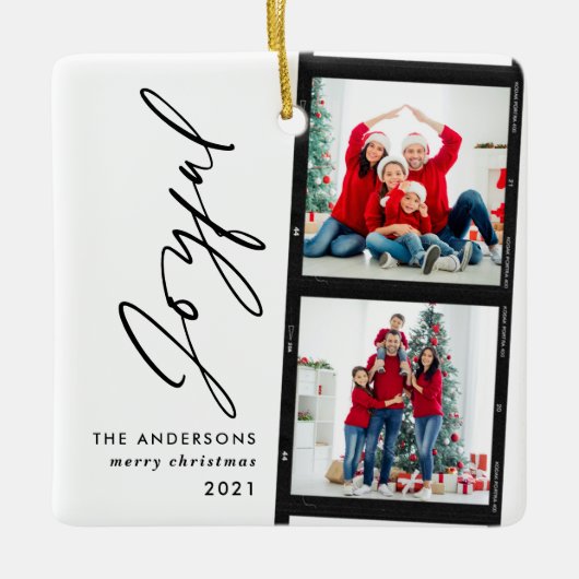 クリスマス2フォトコラージュタイポグラフィモダンブルー  セラミックオーナメント (正面)