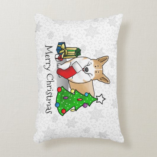クリスマス2ペムブレークウェルシュコーギー（赤1）ツリーかわいい アクセントクッション (正面(垂直))