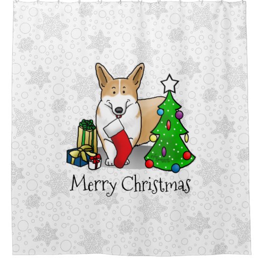 クリスマス2ペムブレークウェルシュコーギー(赤1)ツリーかわいい シャワーカーテン (正面)