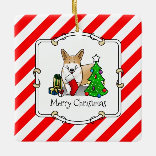 クリスマス2ペムブレークウェルシュコーギー(赤1)ツリーかわいい セラミックオーナメント (正面)
