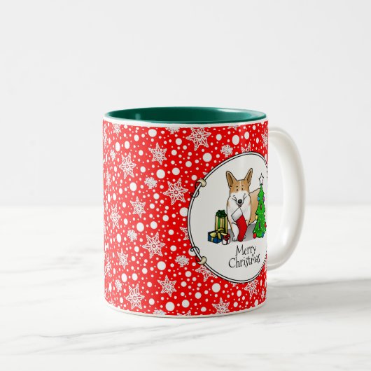 クリスマス2ペムブレークウェルシュコーギー(赤1)ツリーかわいい ツートーンマグカップ (正面右)