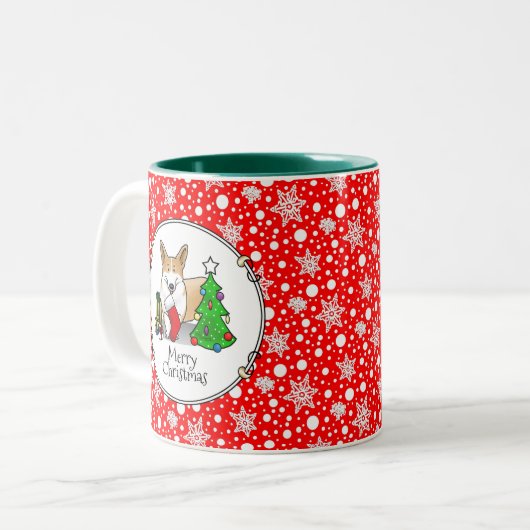 クリスマス2ペムブレークウェルシュコーギー(赤1)ツリーかわいい ツートーンマグカップ (正面左)