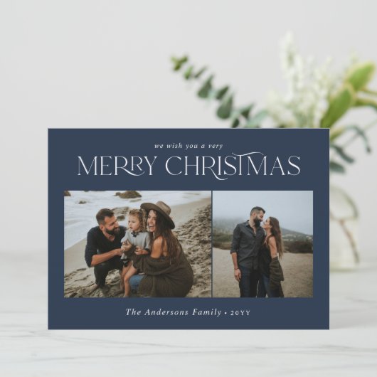 クリスマス2写真水彩植物色ネイビーブルー シーズンカード (スタンド正面)