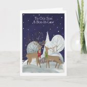 クリスマス2雄の鹿の雪景色パーソナライズされた カード (正面)