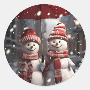クリスマス2雪だるま1傘の雪のカップル ラウンドシール