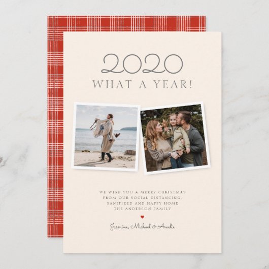 クリスマス2020手引き赤タータンチェックホリデーカード シーズンカード (正面/裏面)