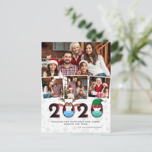 クリスマス2020 | おもしろい顔マスクとタータンチェック4写真 ポストカード (スタンド正面)