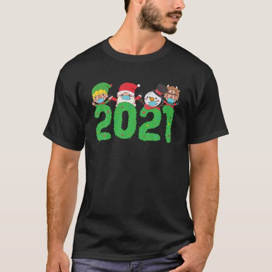 クリスマス2021小妖精や小人サンタ雪だるま顔マスククアント Tシャツ (正面)