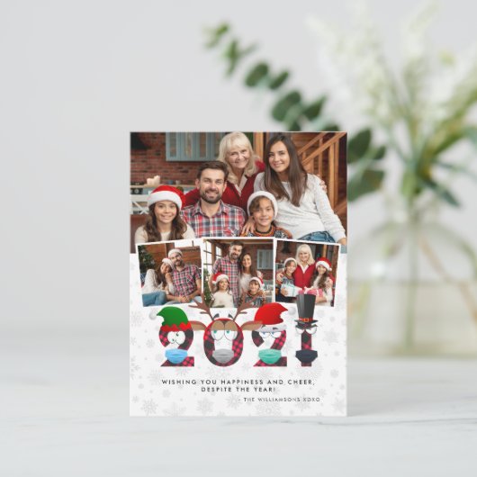 クリスマス2021 | 不機嫌おもしろいな顔マスク4枚の写真 ポストカード (スタンド正面)