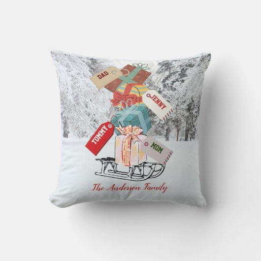 クリスマス2022そりとギフト名シックモダン付き クッション (正面)