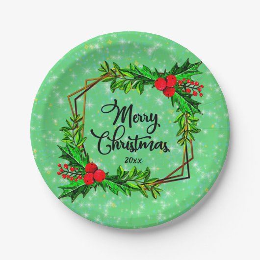 クリスマス20xxホリーレッドベリーモダングリーン7" ペーパープレート (正面)