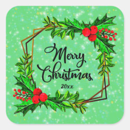 クリスマス20xxホリー赤い果実モダン緑 スクエアシール