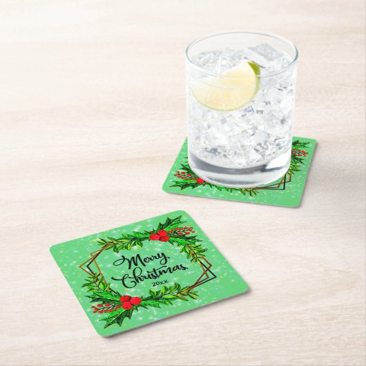 クリスマス20xxホリー赤い果実モダン緑 スクエアペーパーコースター (インサイチュ)