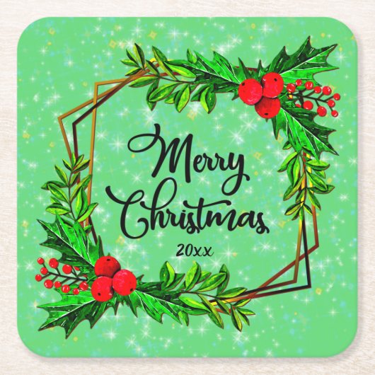クリスマス20xxホリー赤い果実モダン緑 スクエアペーパーコースター (正面)