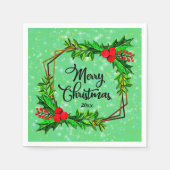 クリスマス20xxホリー赤い果実モダン緑 スタンダードカクテルナプキン (正面)