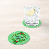 クリスマス20xxホリー赤い果実モダン緑 ラウンドペーパーコースター (インサイチュ)