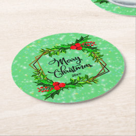クリスマス20xxホリー赤い果実モダン緑 ラウンドペーパーコースター