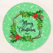 クリスマス20xxホリー赤い果実モダン緑 ラウンドペーパーコースター (正面)