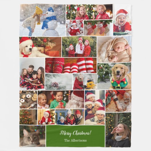クリスマス22フォトコラージュと家族の名前グリーン フリースブランケット (正面)