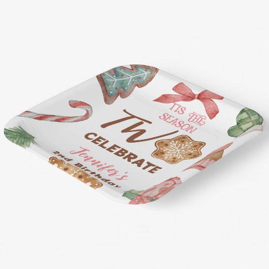 クリスマス2ndバースデーガールピンク冬パーティー ペーパープレート (傾斜あり)