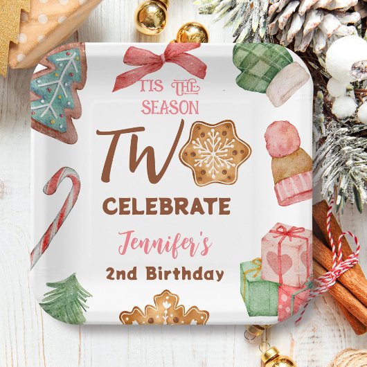 クリスマス2ndバースデーガールピンク冬パーティー ペーパープレート