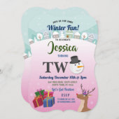 クリスマス2nd誕生日パーティーサンタ雪だるまピンク 招待状 (正面/裏面)
