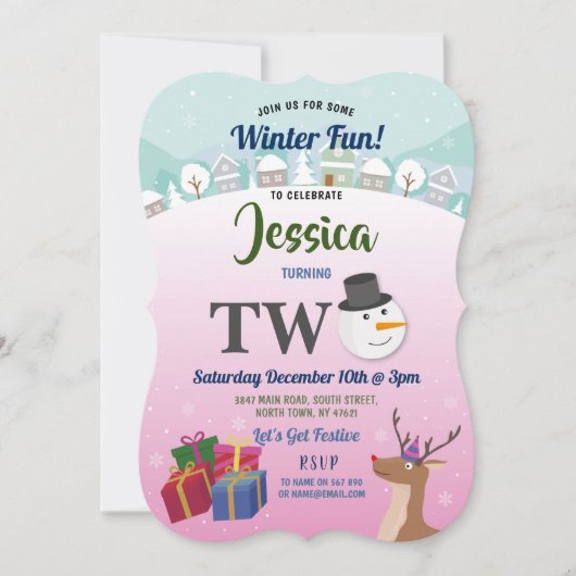 クリスマス2nd誕生日パーティーサンタ雪だるまピンク 招待状 (正面)