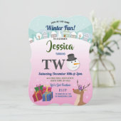 クリスマス2nd誕生日パーティーサンタ雪だるまピンク 招待状 (スタンド正面)