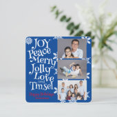 クリスマス3フォトシンプルおもしろい青と白かわいい シーズンカード (スタンド正面)
