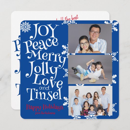 クリスマス3フォトシンプルおもしろい青と白かわいい シーズンカード (正面/裏面)
