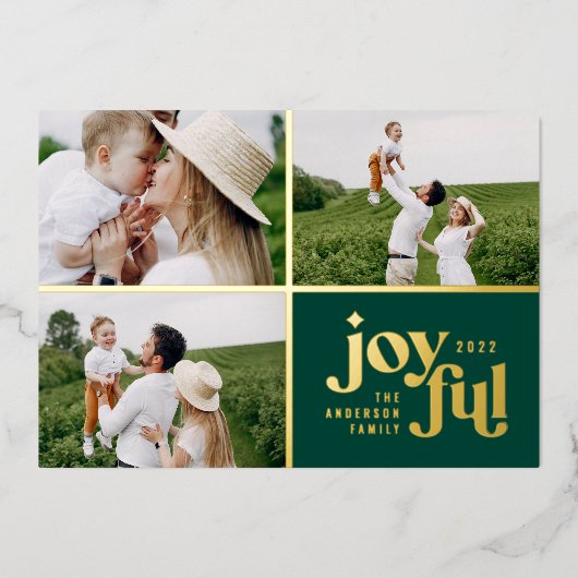 クリスマス3写真モダングリーンフォイルのホリデーカード 箔シーズンカード (正面)