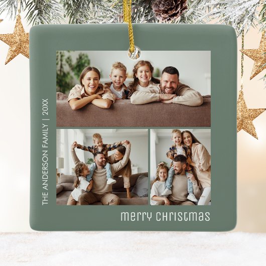 クリスマス3家族の写真コラージュセージグリーン セラミックオーナメント