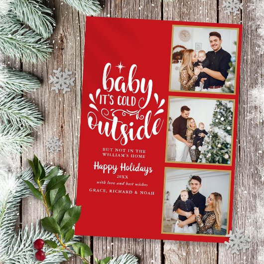 クリスマス3枚の写真コラージュ ベイビー 寒い外 シーズンカード