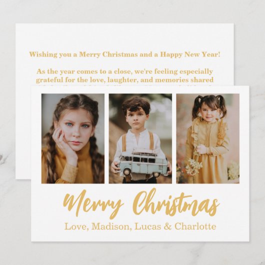 クリスマス3枚写真コラージュ ゴールド 招待状 (正面/裏面)