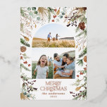 クリスマス3 photo arch water color botanicalフローラ 箔シーズンカード<br><div class="desc">トレンドの白フローラ暗いエレガントクリスマスの水色の乾燥した植物の消色の色の休日アーチ3写真クリスマスカードのデザインに実在ホイルレタリング</div>
