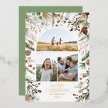 クリスマス3 photo arch water color botanicalフローラ 箔シーズンカード<br><div class="desc">トレンドの白フローラ暗いエレガントクリスマスの水色の乾燥した植物の消色の色の休日アーチ3写真クリスマスカードのデザインに実在ホイルレタリング</div>