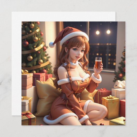 クリスマス3Dアニメガールホリデーカード シーズンカード (正面/裏面)