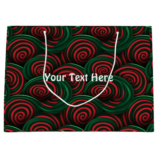 クリスマス3D赤と緑の渦巻き ラージペーパーバッグ (正面)