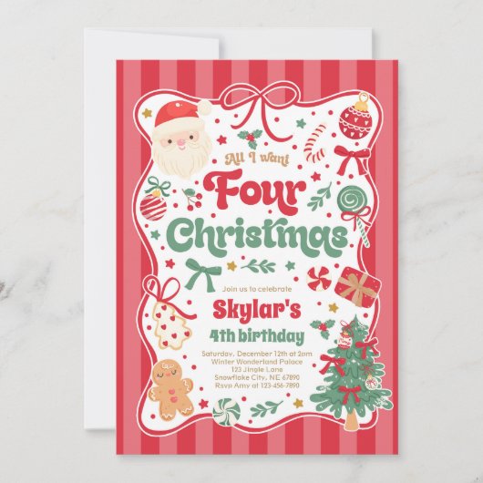 クリスマス4歳誕生日パーティーコケッティーボウ誕生日 招待状 (正面)