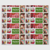 クリスマス5フォトコラージュと家族の名前，緑 ラッピングペーパー (フラット)