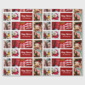 クリスマス5フォトコラージュと家族の名前,赤 ラッピングペーパー (フラット)