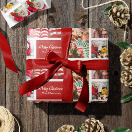 クリスマス5フォトコラージュと家族の名前，赤 ラッピングペーパー