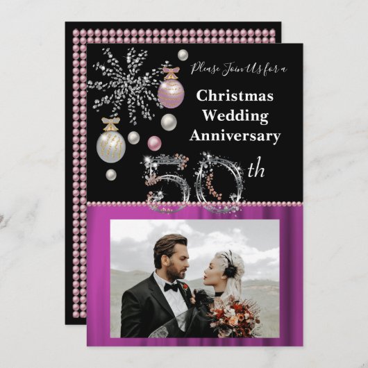 クリスマス50結婚周年記念ブラック&シルバー 招待状 (正面/裏面)