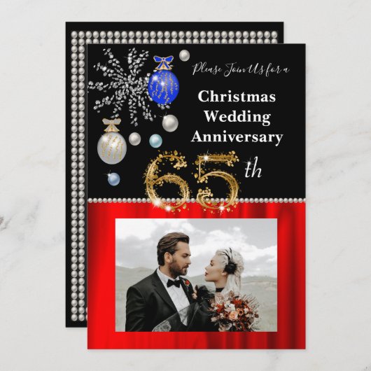 クリスマス65結婚thのアニバーサリーブラック&金ゴールド 招待状 (正面/裏面)