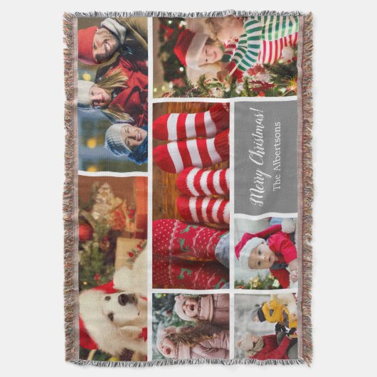 クリスマス7フォトコラージュと家族の名前,シルバー スローブランケット (正面縦)