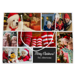 クリスマス7フォトコラージュと家族の名前,ブラック ラージペーパーバッグ