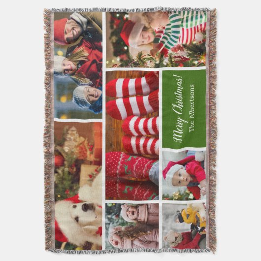 クリスマス7フォトコラージュと家族の名前,緑 スローブランケット (正面縦)