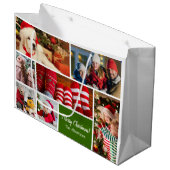 クリスマス7フォトコラージュと家族の名前，緑 ラージペーパーバッグ (正面アングル)