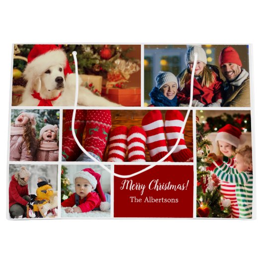 クリスマス7フォトコラージュと家族の名前，赤 ラージペーパーバッグ (正面)