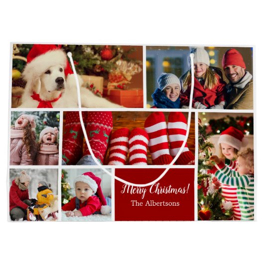 クリスマス7フォトコラージュと家族の名前，赤 ラージペーパーバッグ (裏面)